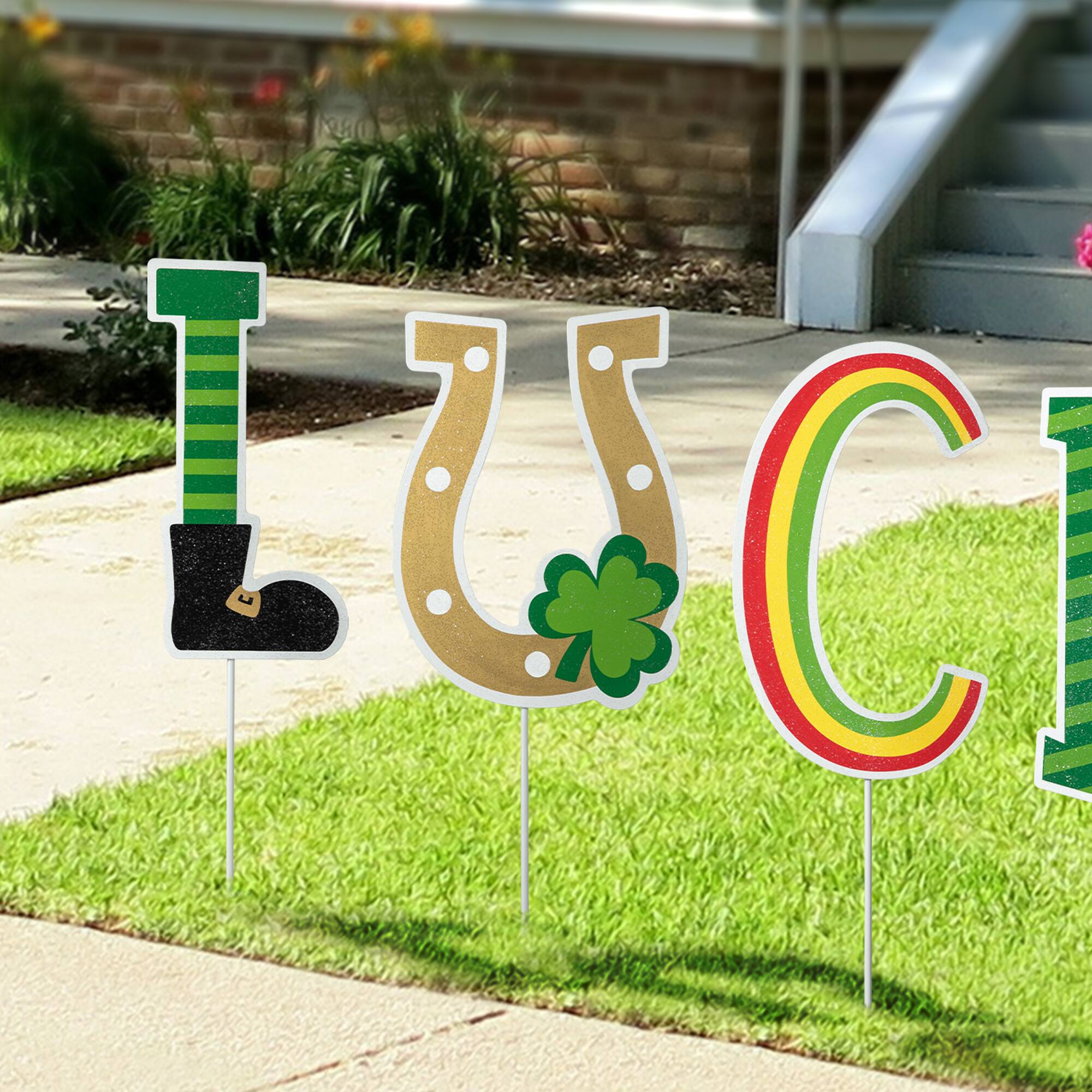 Glitzhome® Set of 5 St. Patrick's Metal "Lucky" Yard Stake